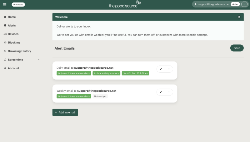 How to setup email alerts in the dashboard